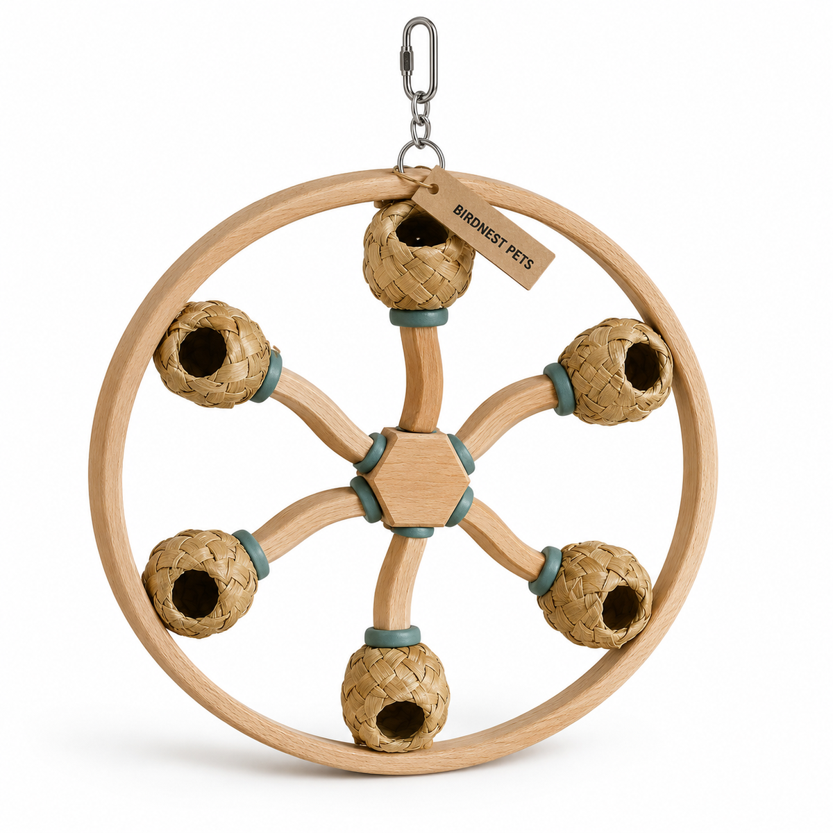 Six-Pocket Wooden Bird Foraging Carousel