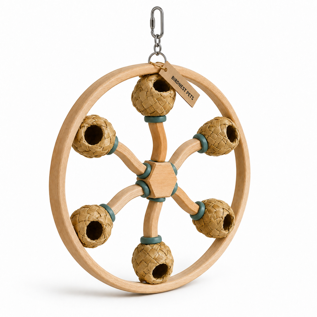 Six-Pocket Wooden Bird Foraging Carousel