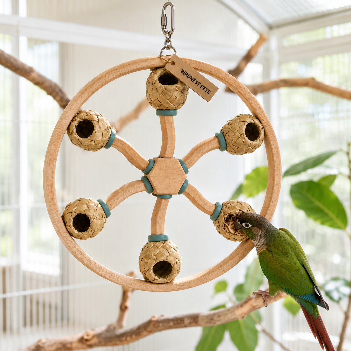 Six-Pocket Wooden Bird Foraging Carousel