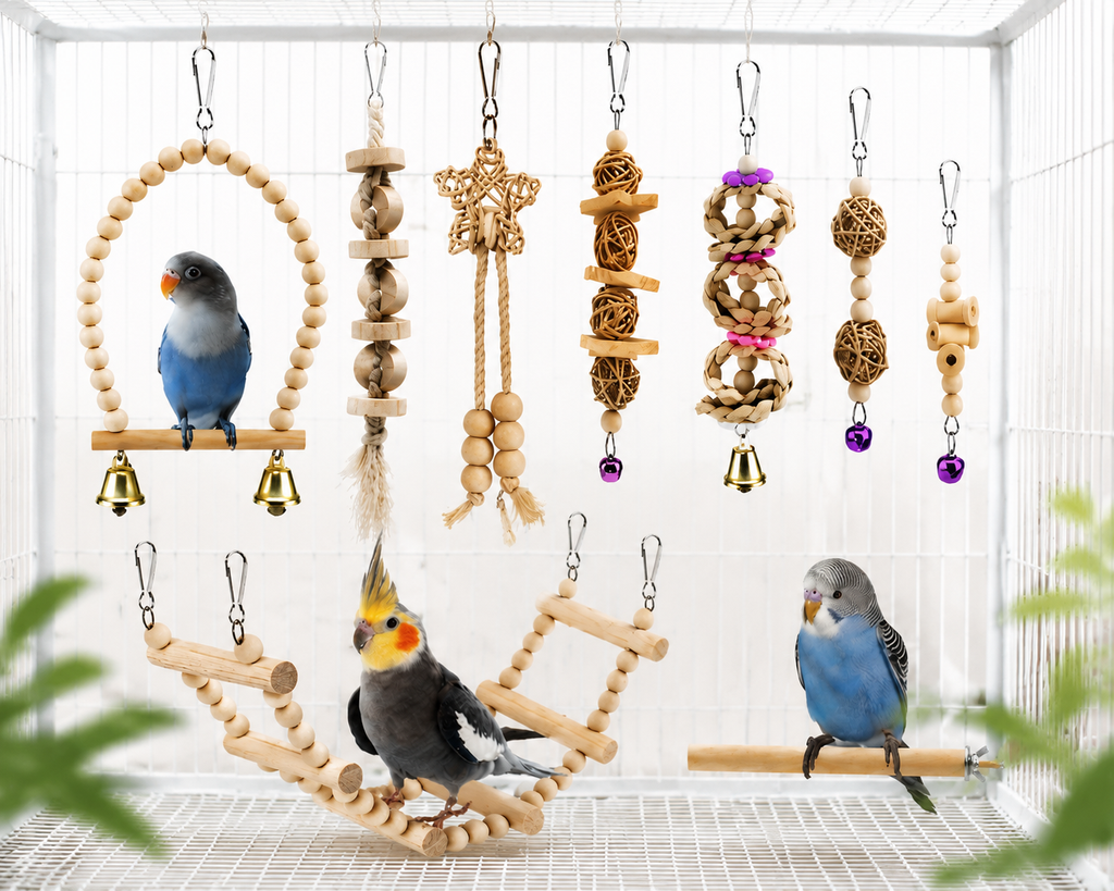 birdnestpets Natural Wooden Bird Toys Set for Parrots, Chewing & Climbing Cage Accessories