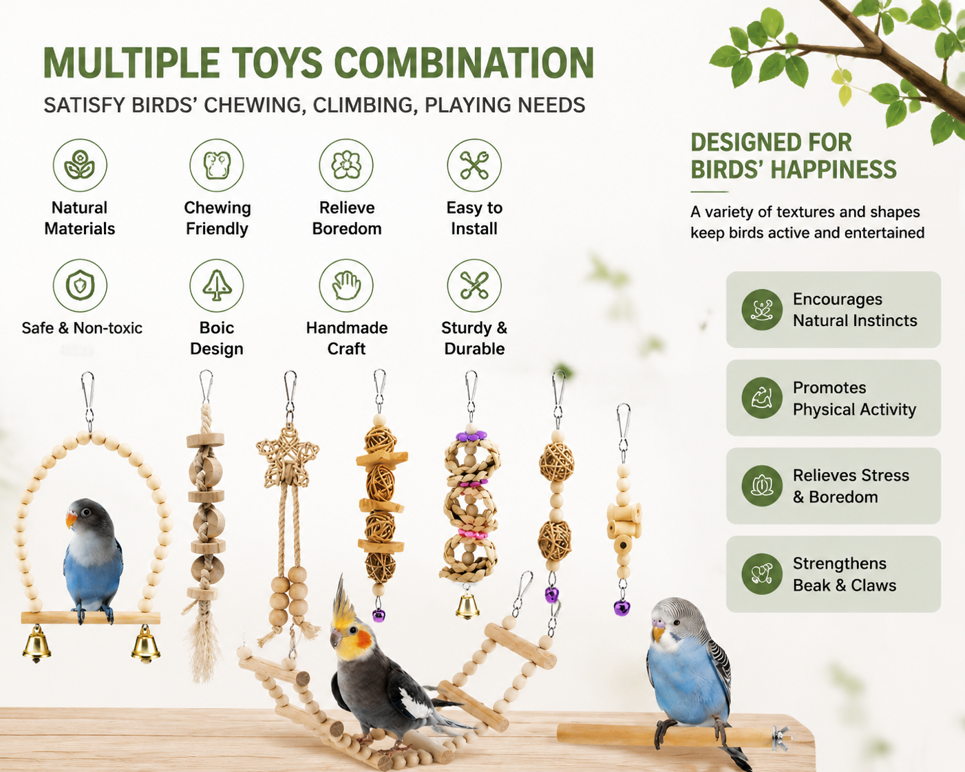 birdnestpets Natural Wooden Bird Toys Set for Parrots, Chewing & Climbing Cage Accessories