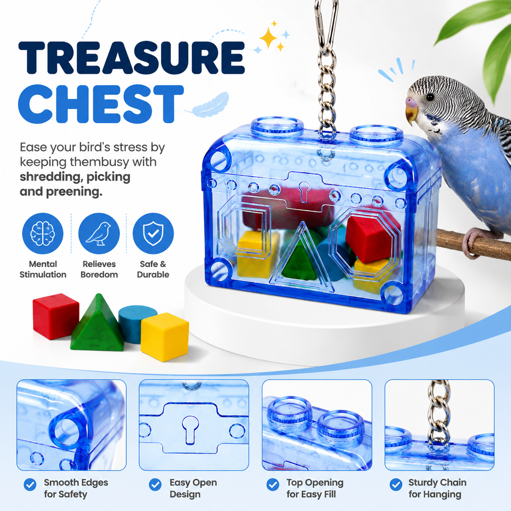 BIRDNESTPETS Treasure Chest Bird Foraging Toy - Interactive Puzzle Box for Parrots & Cockatiels - Durable Acrylic Enrichment Toy with Colorful Wooden Blocks - Mental Stimulation & Natural Chewing Activity for Small and Medium Birds