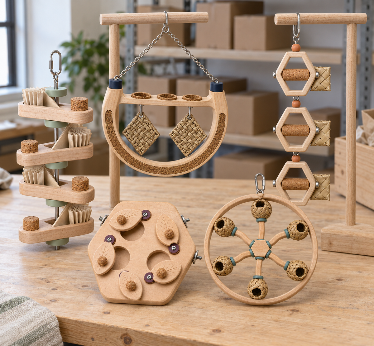 Five wooden bird enrichment products displayed on a packing worktable