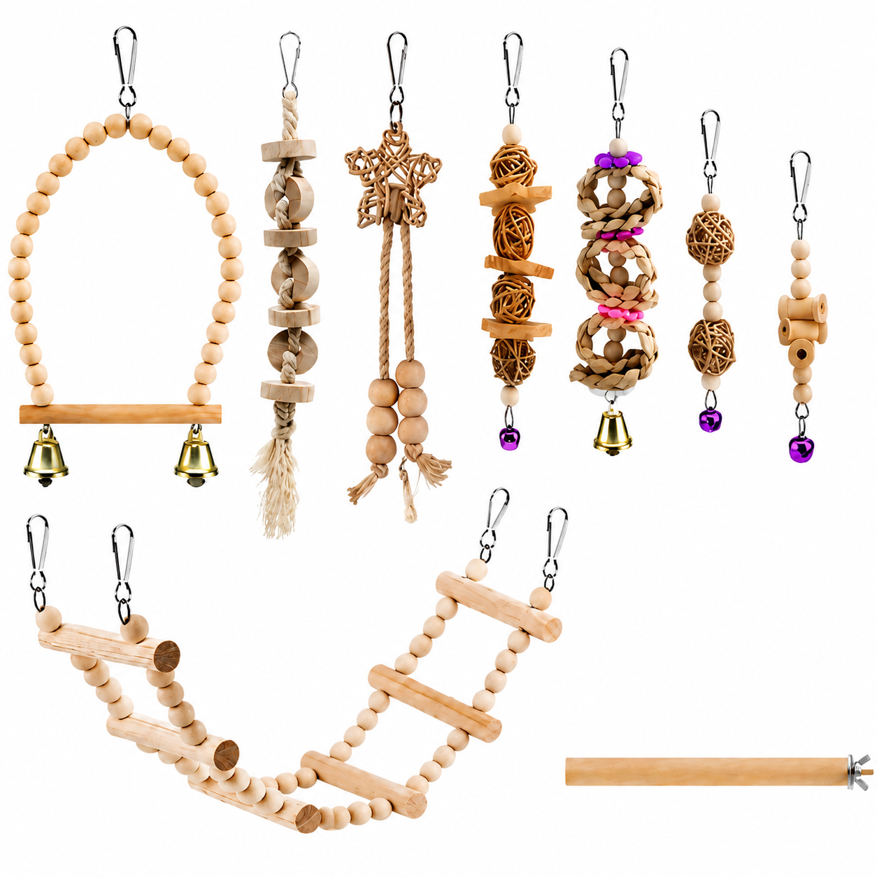 birdnestpets Natural Wooden Bird Toys Set for Parrots, Chewing & Climbing Cage Accessories
