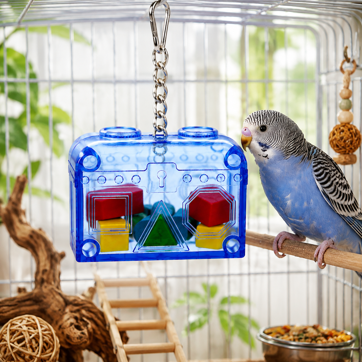 BIRDNESTPETS Treasure Chest Bird Foraging Toy - Interactive Puzzle Box for Parrots & Cockatiels - Durable Acrylic Enrichment Toy with Colorful Wooden Blocks - Mental Stimulation & Natural Chewing Activity for Small and Medium Birds