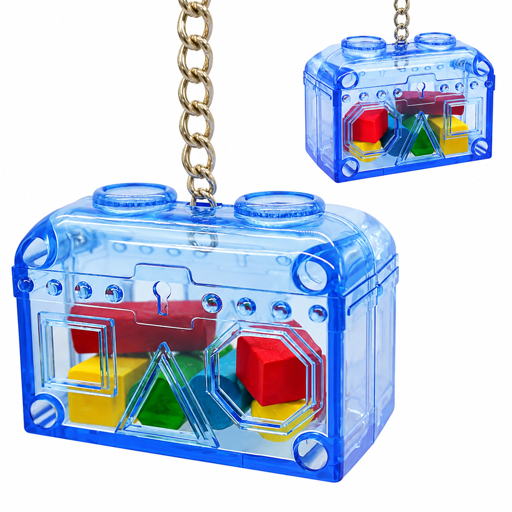 BIRDNESTPETS Treasure Chest Bird Foraging Toy - Interactive Puzzle Box for Parrots & Cockatiels - Durable Acrylic Enrichment Toy with Colorful Wooden Blocks - Mental Stimulation & Natural Chewing Activity for Small and Medium Birds