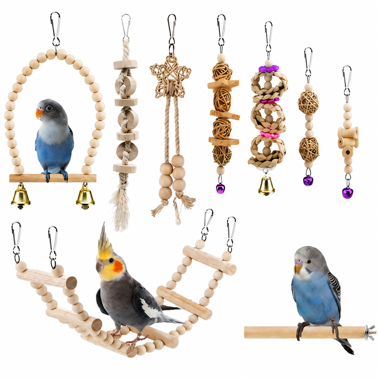 birdnestpets Natural Wooden Bird Toys Set for Parrots, Chewing & Climbing Cage Accessories