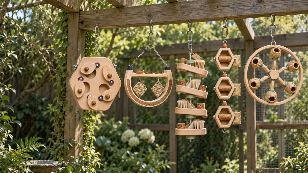 Five wooden bird enrichment toys hanging from an outdoor pergola