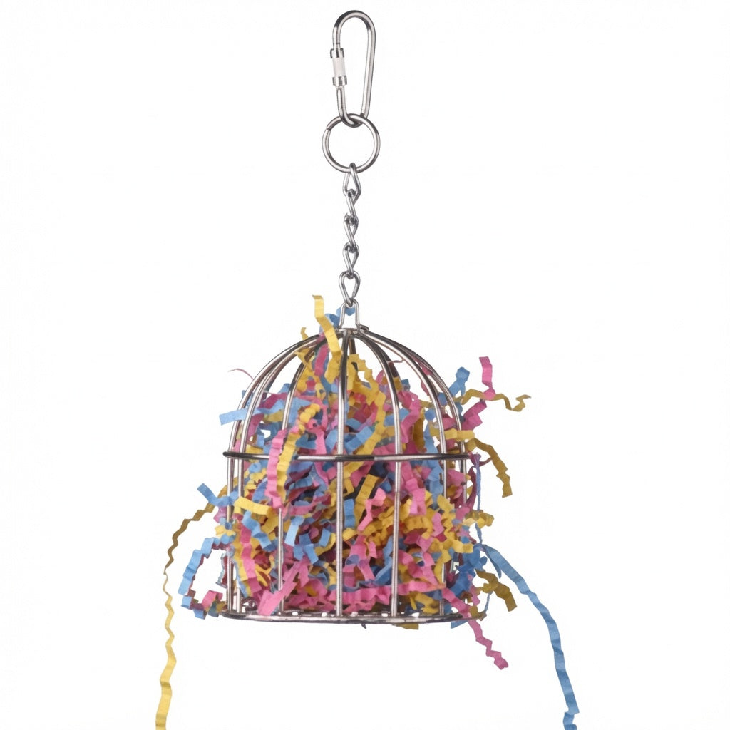 Mini Stainless Steel Foraging Cage Toy with Colorful Shred Paper for Small Birds