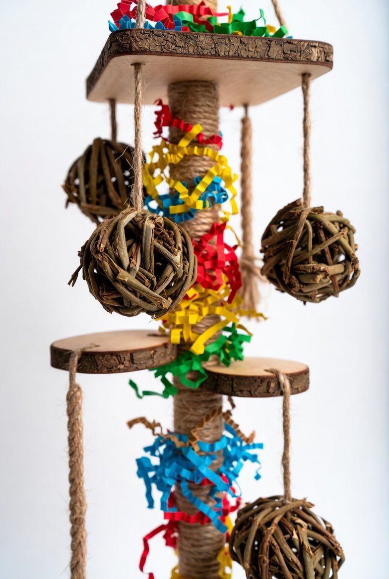 Bird Shredding & Foraging Toy – Wooden Platforms, Vine Balls & Paper Shreds