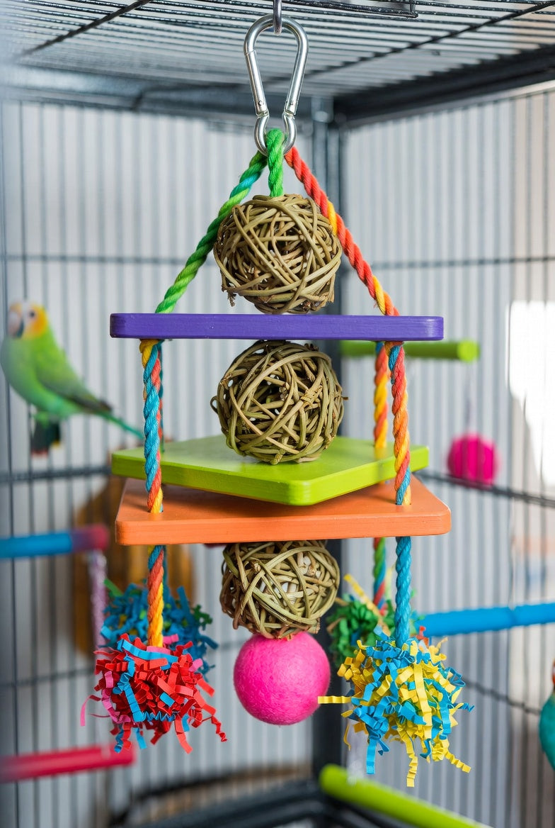 Bird Shredding & Foraging Toy – Wooden Platforms, Vine Balls & Paper Shreds