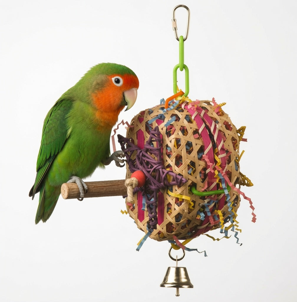 Woven Seagrass Foraging Ball with Colorful Paper Shreds & Bell for Small Birds