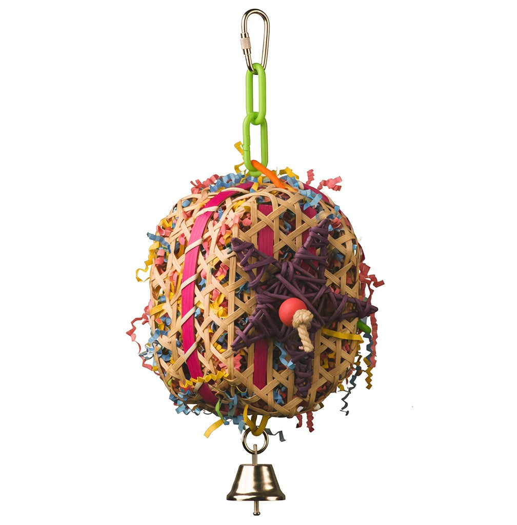 Woven Seagrass Foraging Ball with Colorful Paper Shreds & Bell for Small Birds