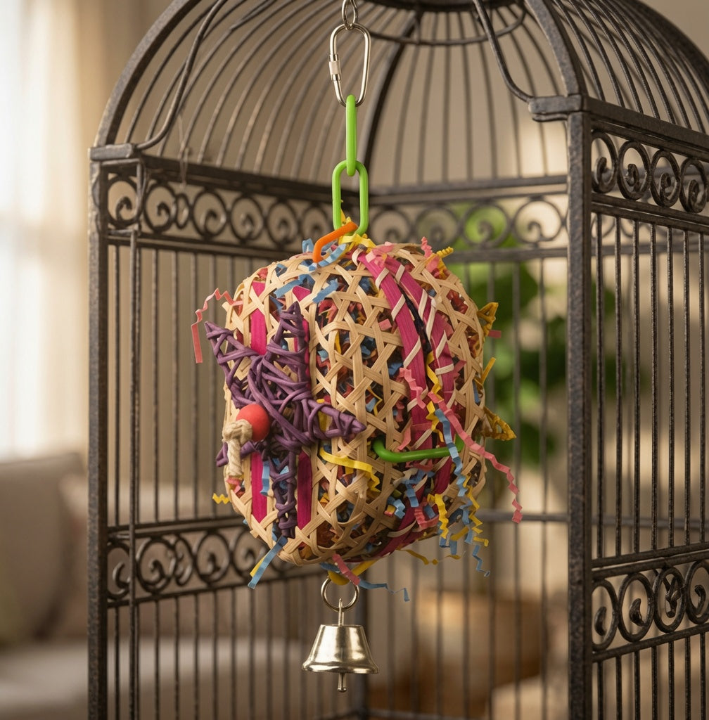 Woven Seagrass Foraging Ball with Colorful Paper Shreds & Bell for Small Birds