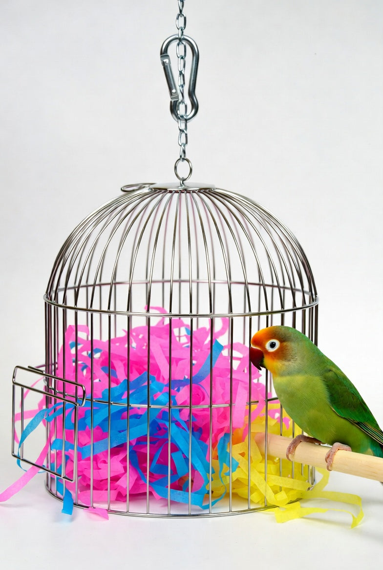 Mini Stainless Steel Foraging Cage Toy with Colorful Shred Paper for Small Birds
