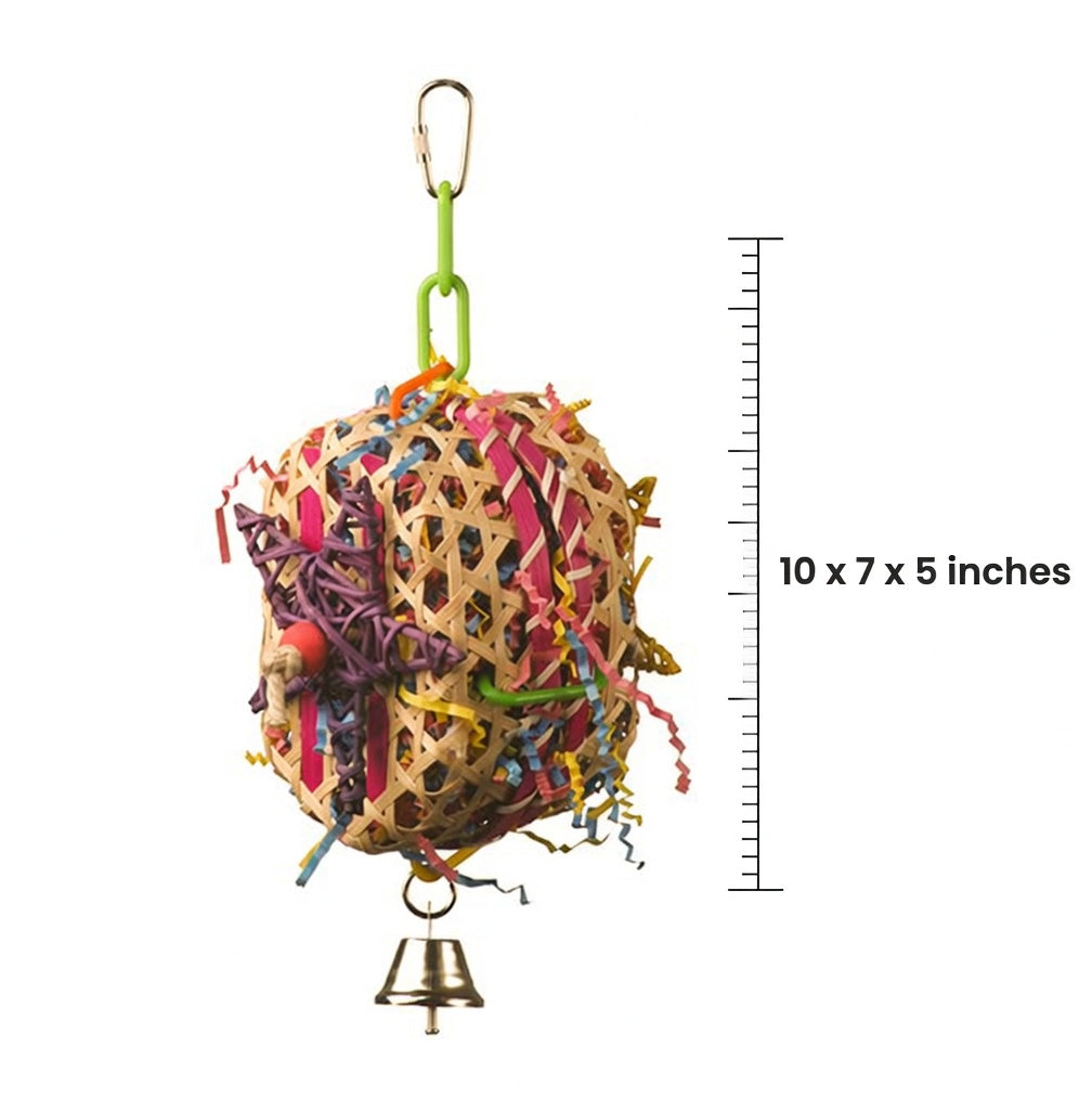 Woven Seagrass Foraging Ball with Colorful Paper Shreds & Bell for Small Birds