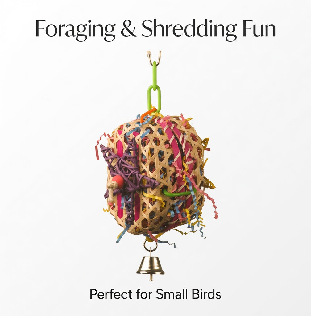 Woven Seagrass Foraging Ball with Colorful Paper Shreds & Bell for Small Birds