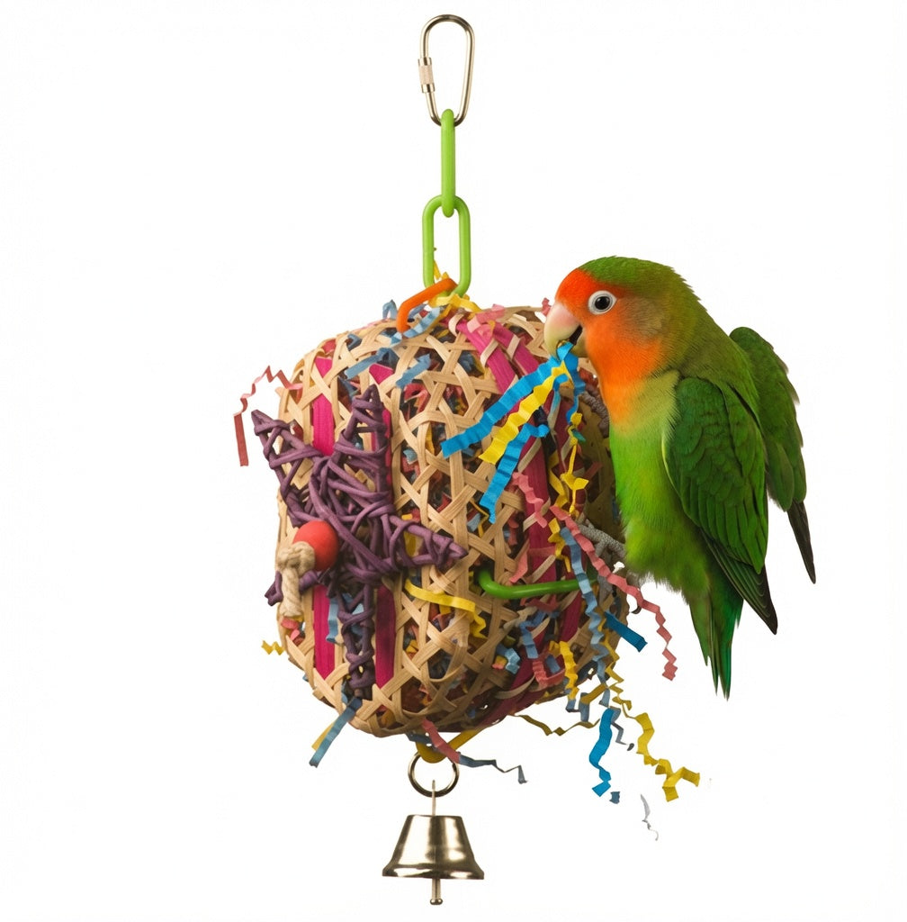 Woven Seagrass Foraging Ball with Colorful Paper Shreds & Bell for Small Birds