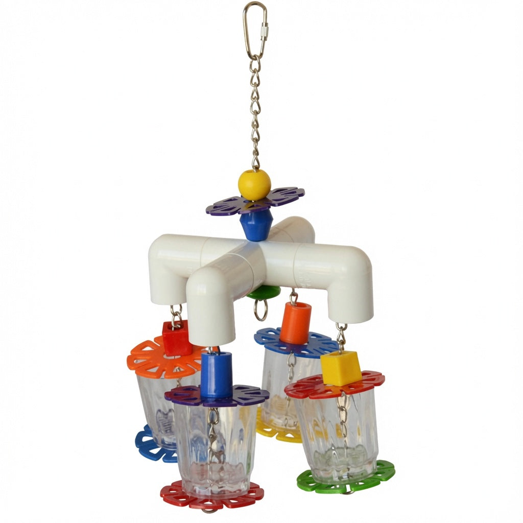 Colorful PVC Foraging Toy with Acrylic Cups & Flower Discs for Small Birds