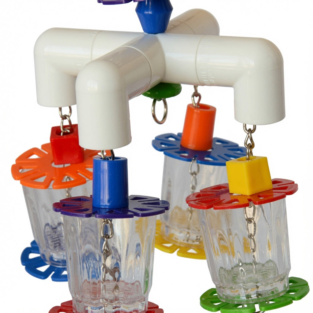 Colorful PVC Foraging Toy with Acrylic Cups & Flower Discs for Small Birds