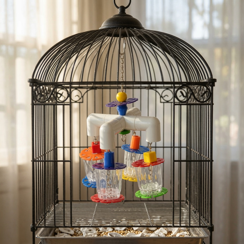Colorful PVC Foraging Toy with Acrylic Cups & Flower Discs for Small Birds