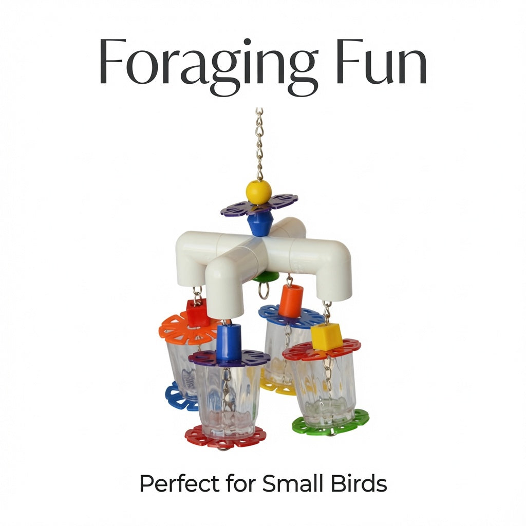 Colorful PVC Foraging Toy with Acrylic Cups & Flower Discs for Small Birds