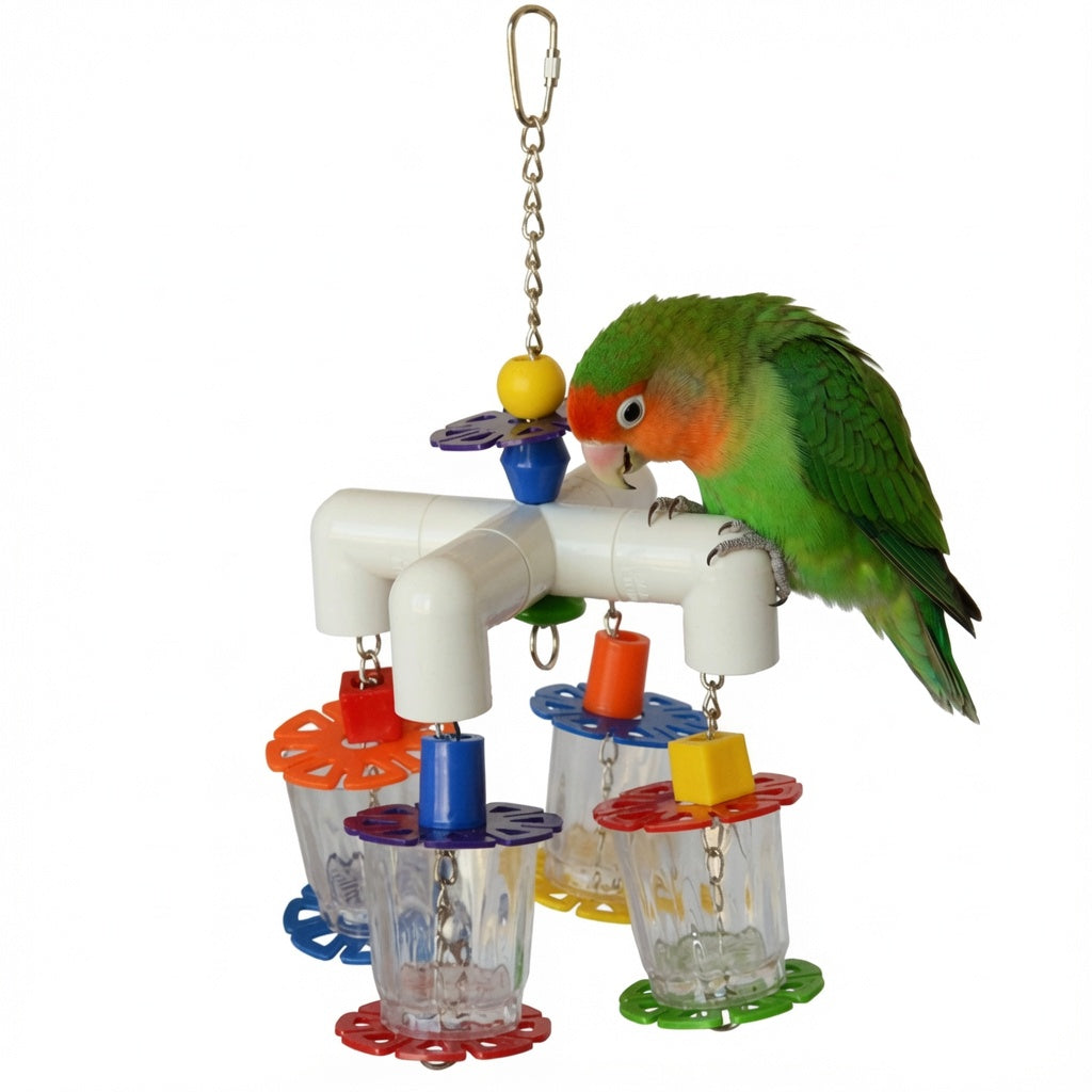 Colorful PVC Foraging Toy with Acrylic Cups & Flower Discs for Small Birds