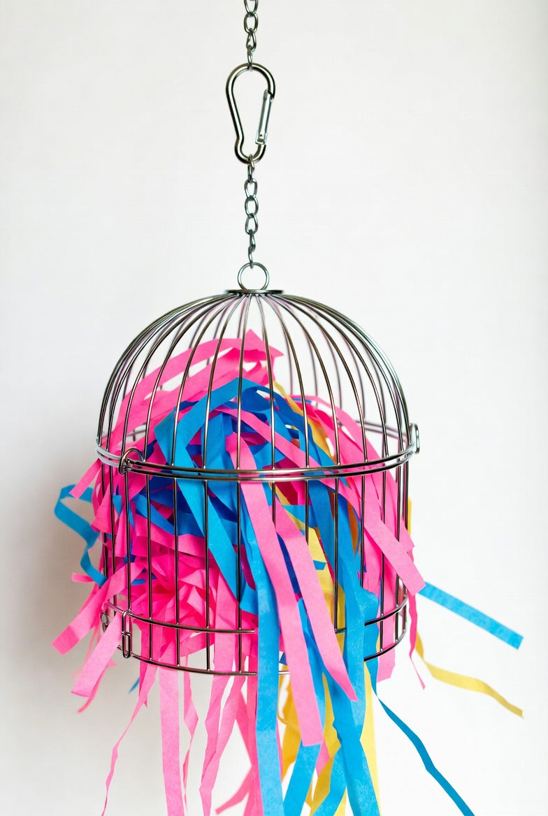 Mini Stainless Steel Foraging Cage Toy with Colorful Shred Paper for Small Birds