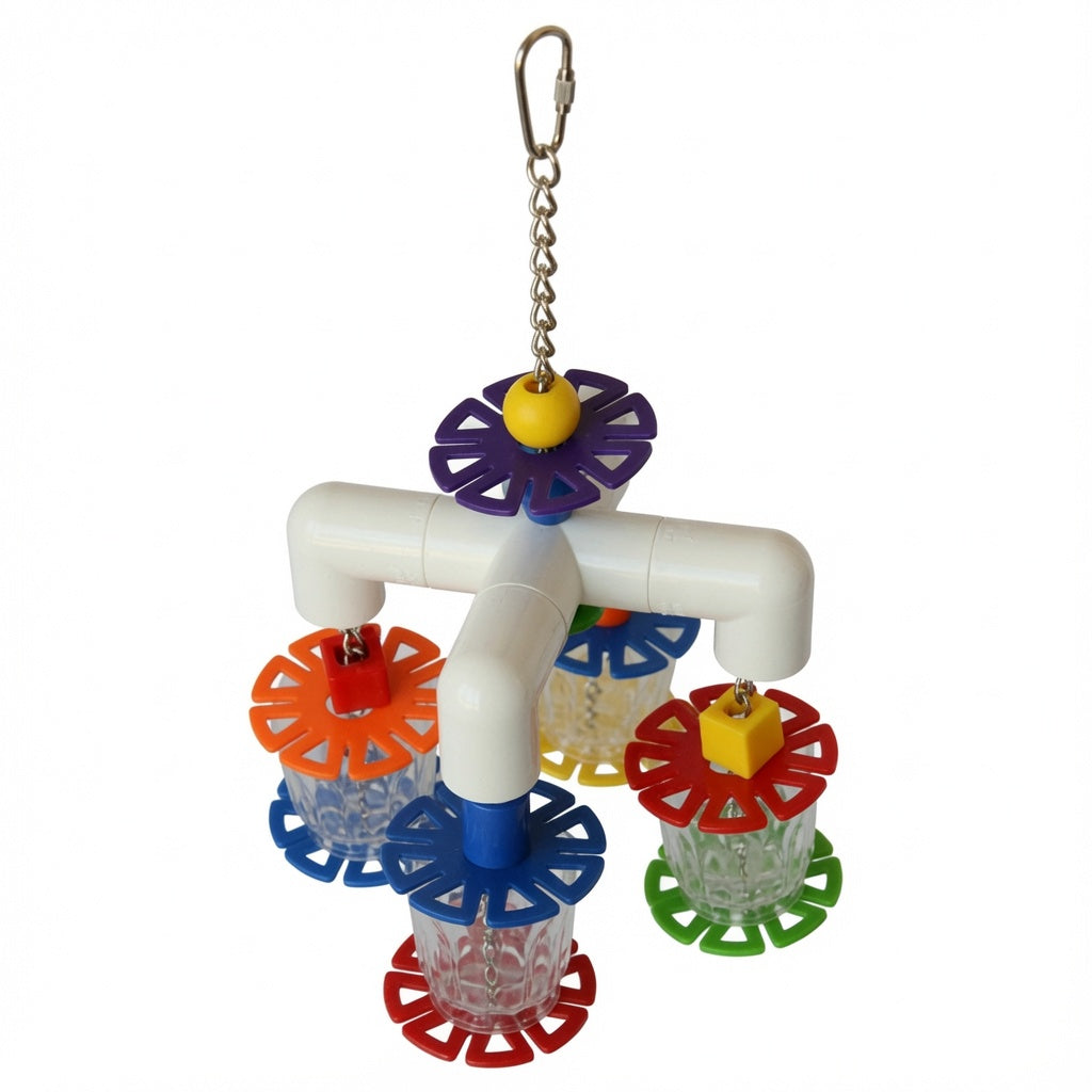 Colorful PVC Foraging Toy with Acrylic Cups & Flower Discs for Small Birds