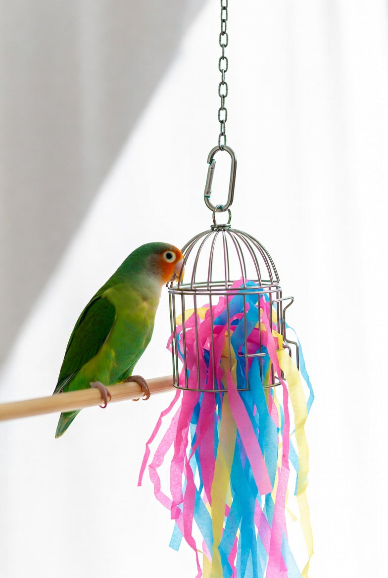 Mini Stainless Steel Foraging Cage Toy with Colorful Shred Paper for Small Birds