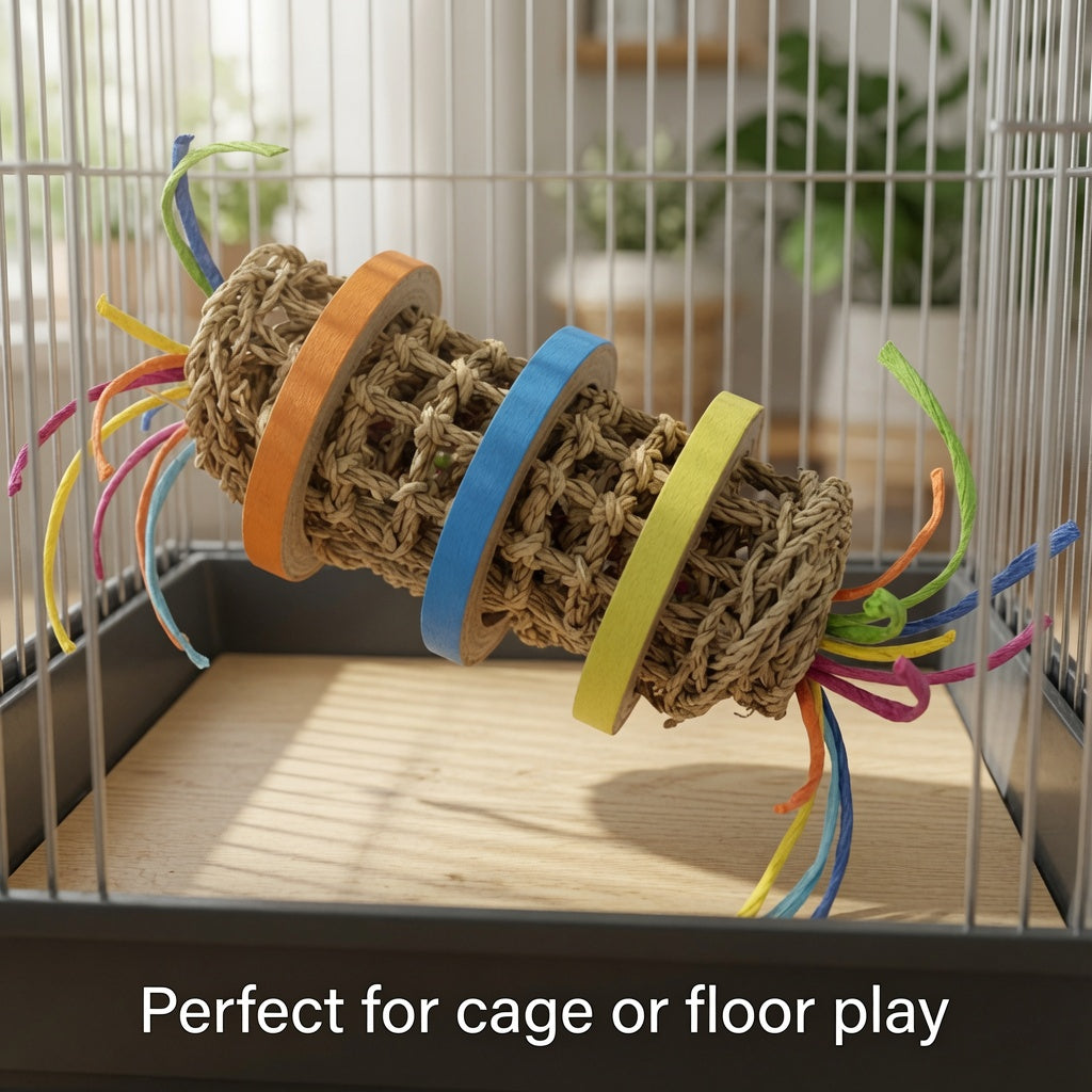Toss, Roll & Chew – Seagrass Foraging Toy with Colorful Rings for Rabbits & Birds