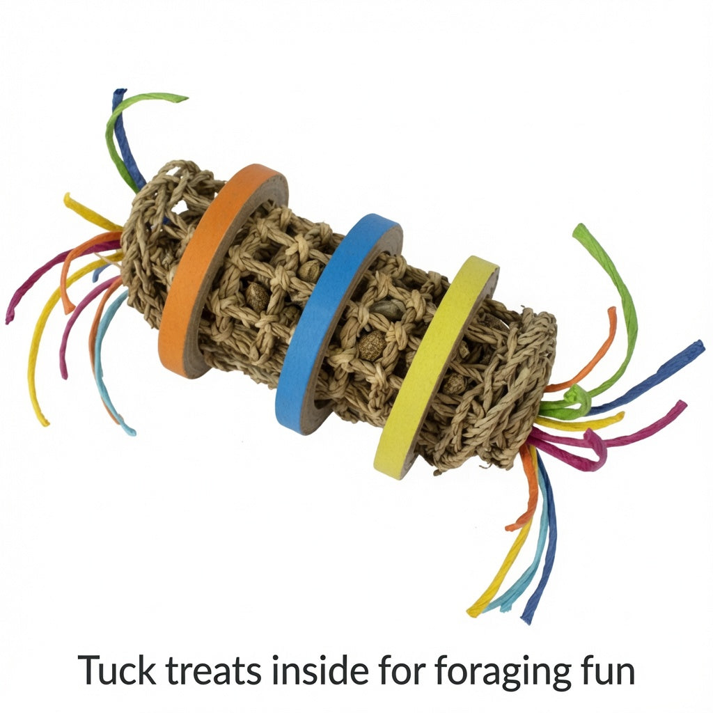 Toss, Roll & Chew – Seagrass Foraging Toy with Colorful Rings for Rabbits & Birds