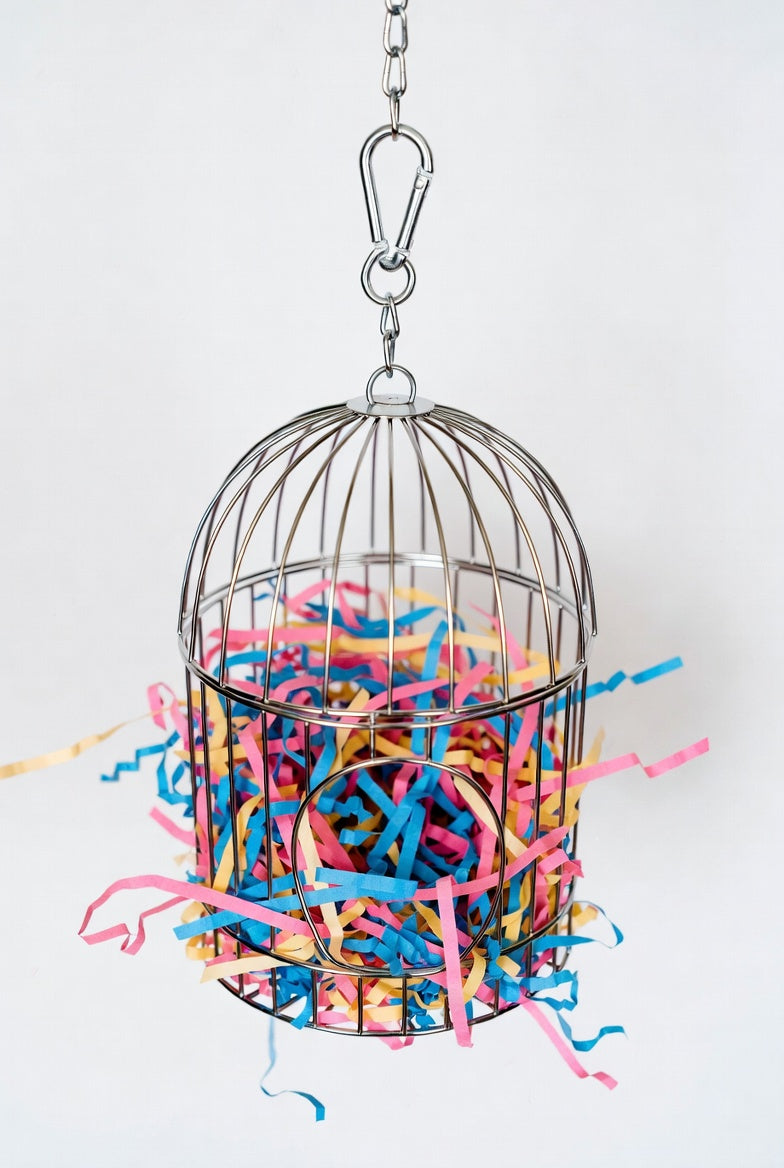Mini Stainless Steel Foraging Cage Toy with Colorful Shred Paper for Small Birds