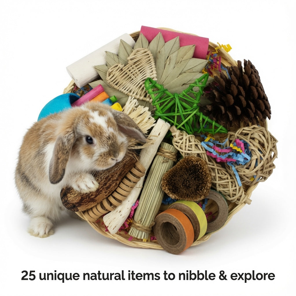 Bunny Foraging Basket – 25 Natural Chew & Nibble Items on Bamboo Plate