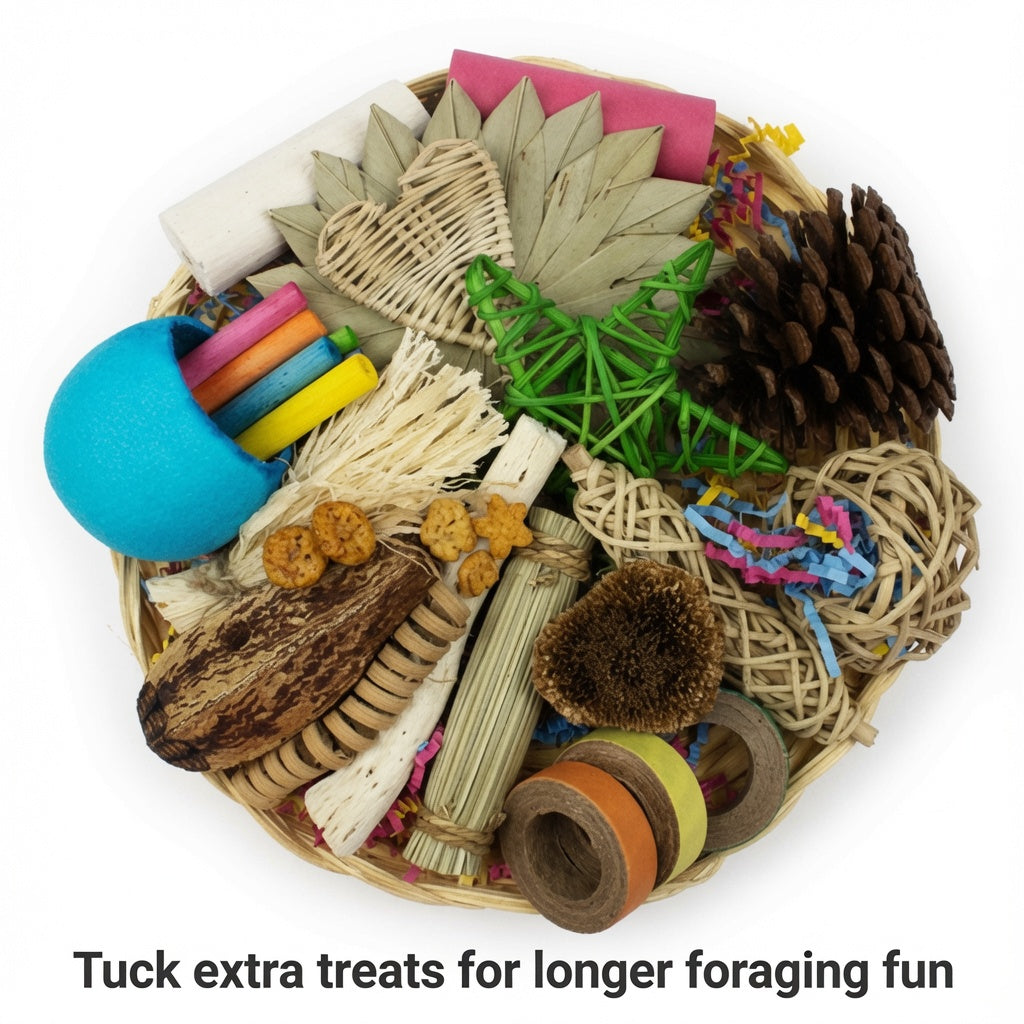 Bunny Foraging Basket – 25 Natural Chew & Nibble Items on Bamboo Plate