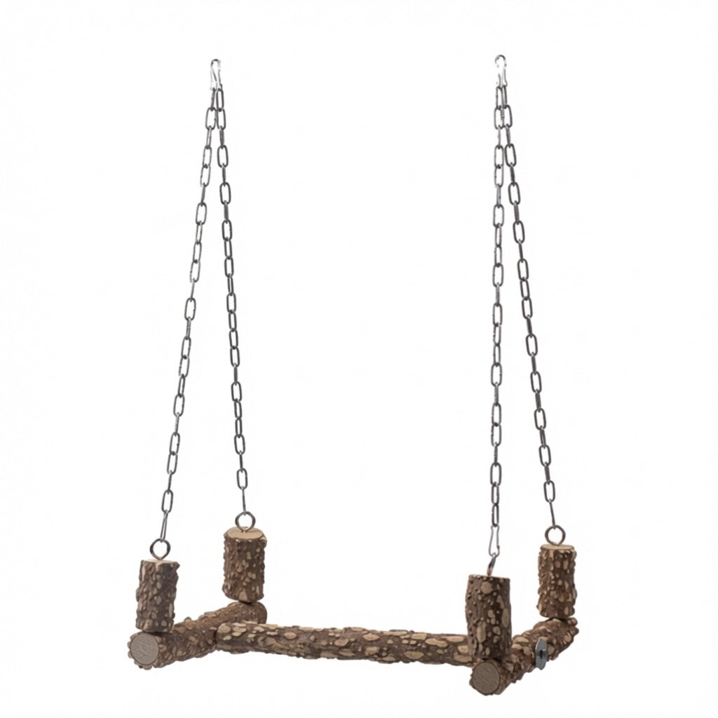 Natural Wood Bird Perch Swing with Chains for Parrots & Medium Birds