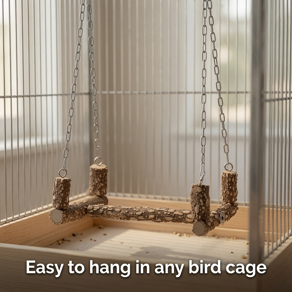 Natural Wood Bird Perch Swing with Chains for Parrots & Medium Birds