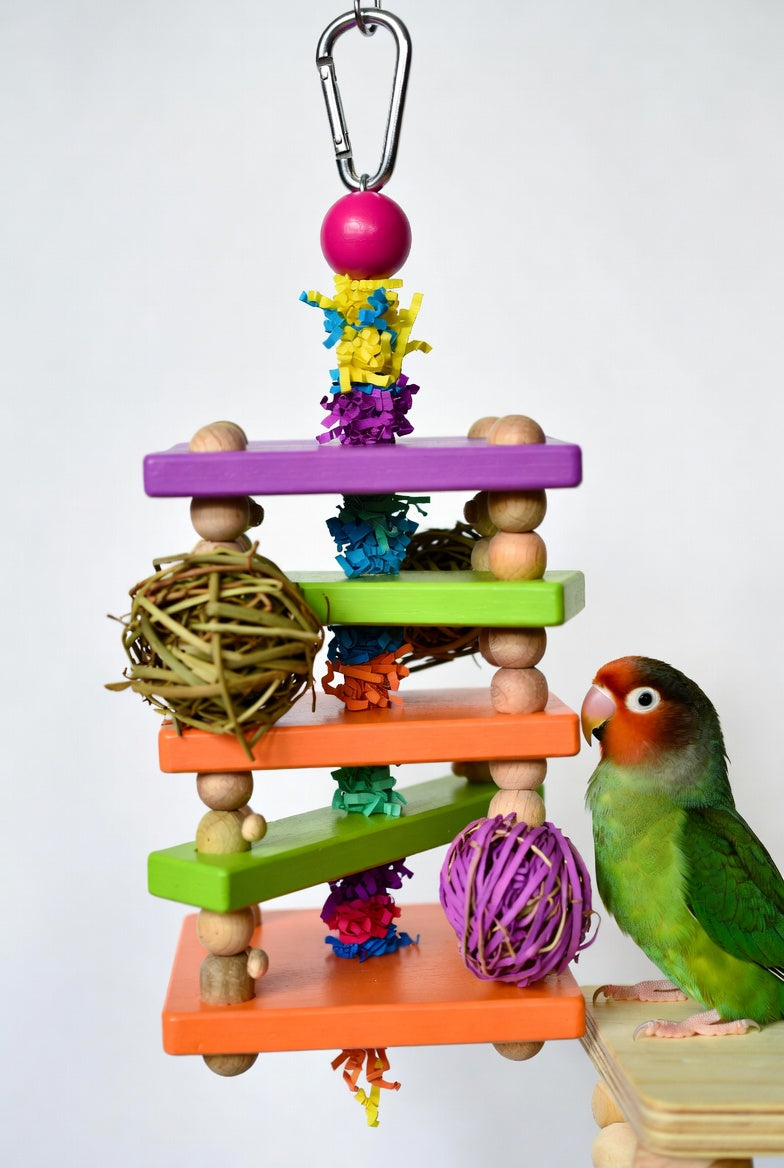 Bird Shredding & Foraging Toy – Wooden Platforms, Vine Balls & Paper Shreds