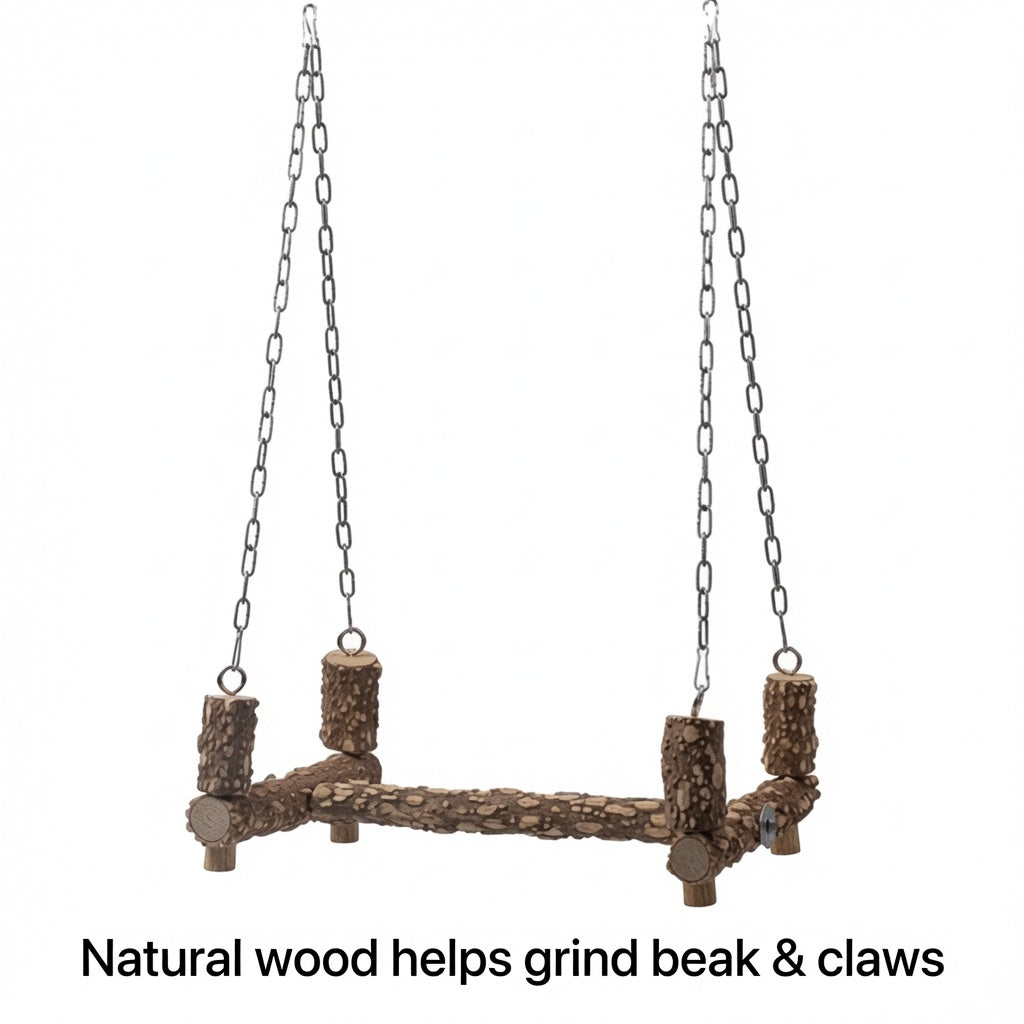 Natural Wood Bird Perch Swing with Chains for Parrots & Medium Birds